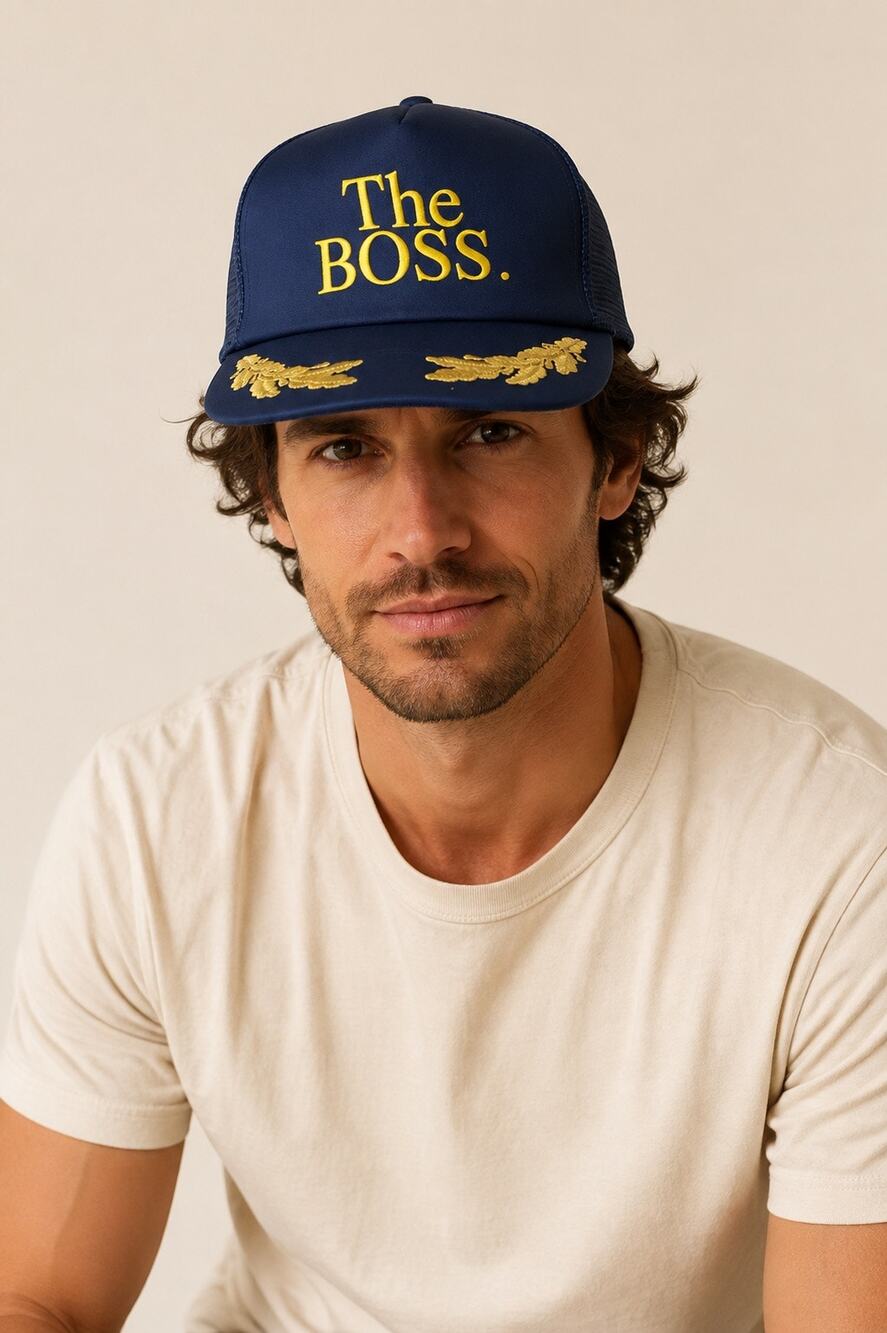 Vintage “The Boss” Navy Gold Laurel Trucker Hat Snapback Workwear Cap
